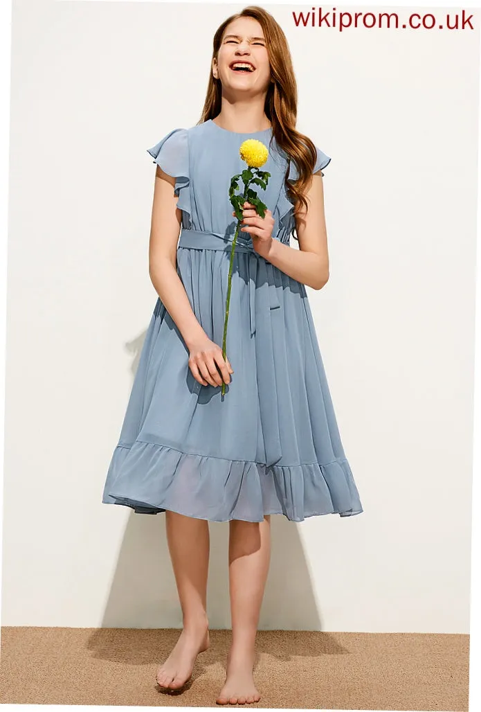A-Line Chiffon Ruffles With Scoop Neck Cascading Junior Bridesmaid Dresses Bow(s) Carmen Knee-Length