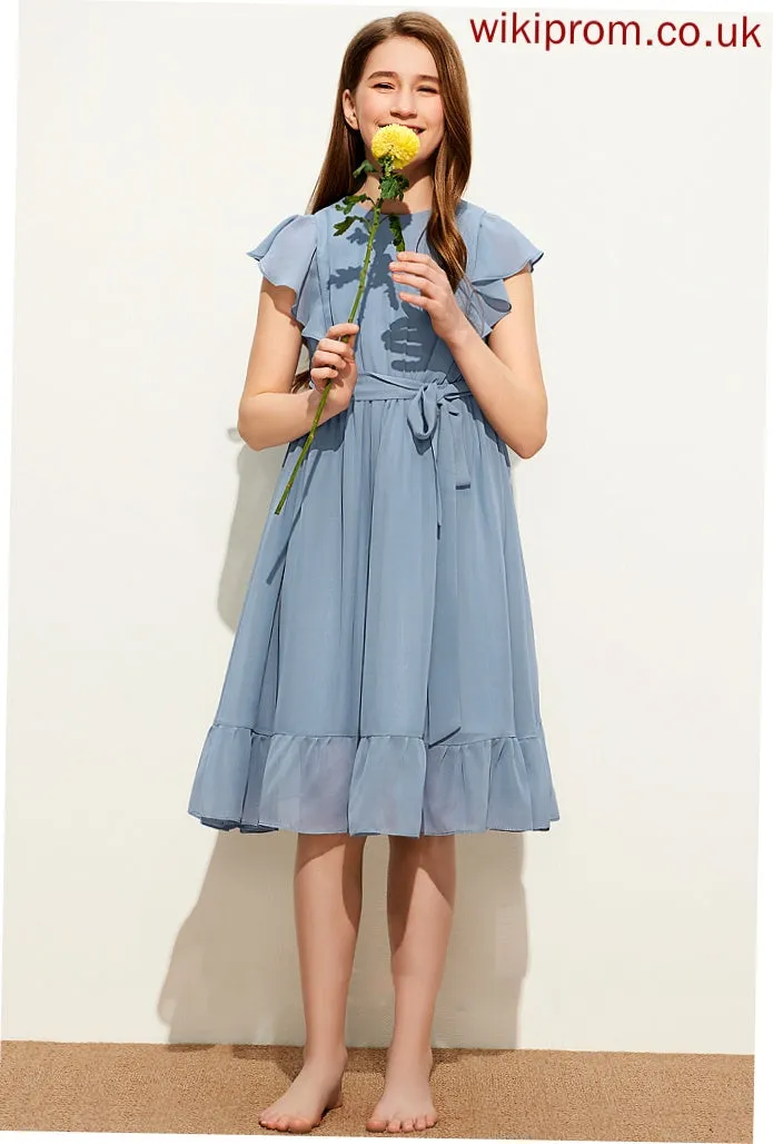 A-Line Chiffon Ruffles With Scoop Neck Cascading Junior Bridesmaid Dresses Bow(s) Carmen Knee-Length