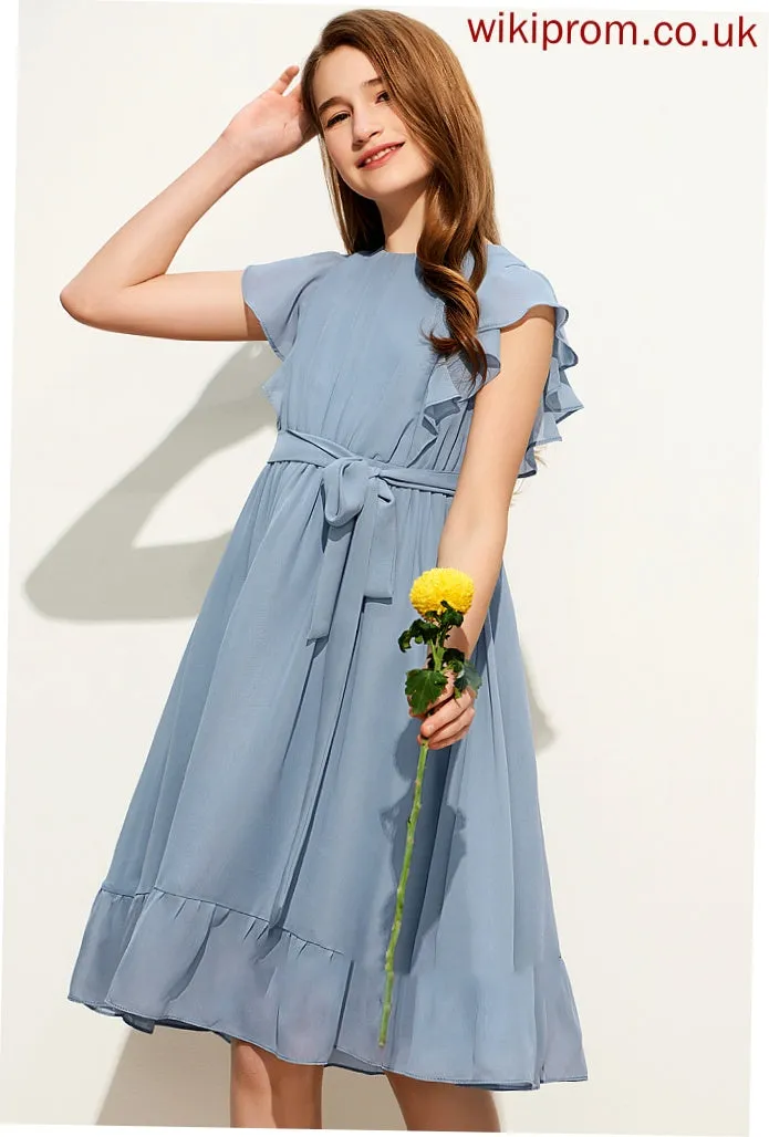 A-Line Chiffon Ruffles With Scoop Neck Cascading Junior Bridesmaid Dresses Bow(s) Carmen Knee-Length