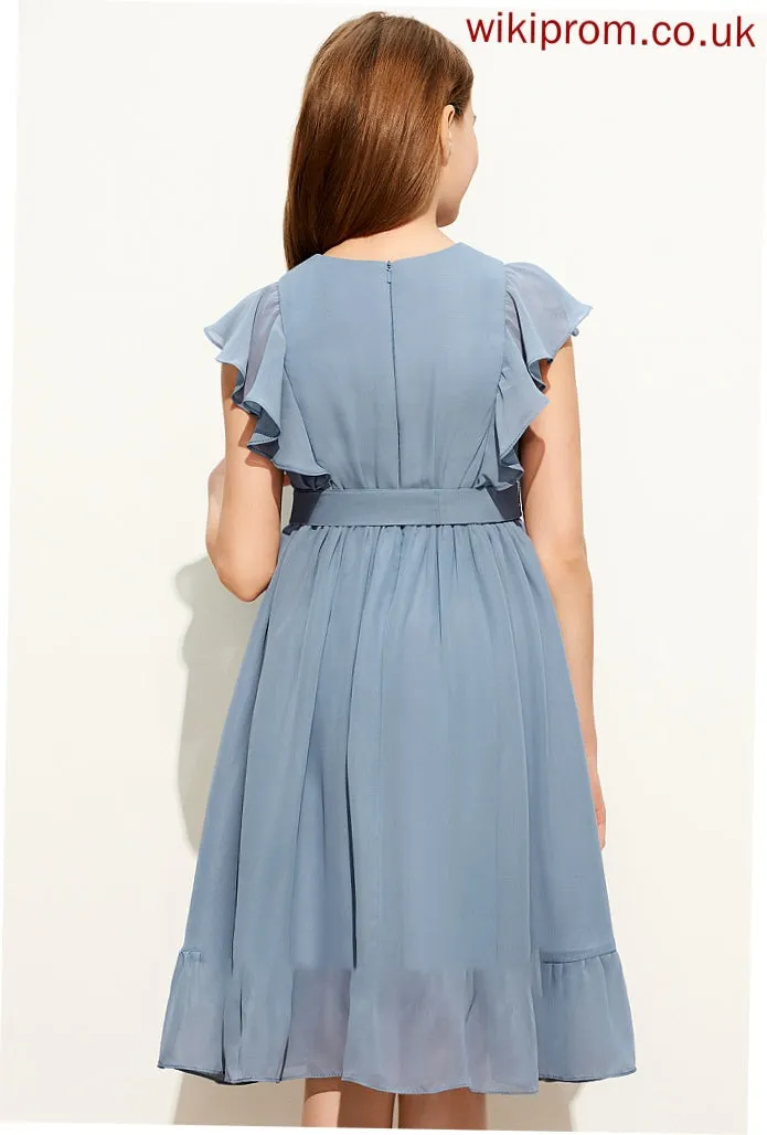 A-Line Chiffon Ruffles With Scoop Neck Cascading Junior Bridesmaid Dresses Bow(s) Carmen Knee-Length