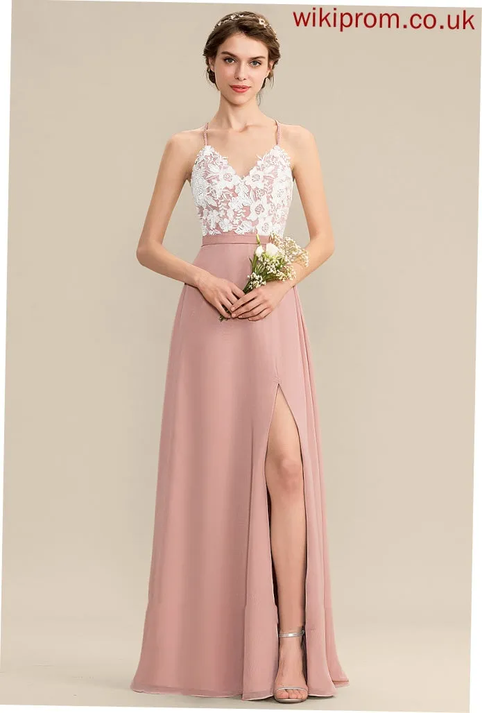 A-Line Fabric Length SplitFront Neckline V-neck Embellishment Silhouette Floor-Length Michelle Bridesmaid Dresses