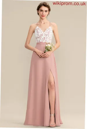 A-Line Fabric Length SplitFront Neckline V-neck Embellishment Silhouette Floor-Length Michelle Bridesmaid Dresses