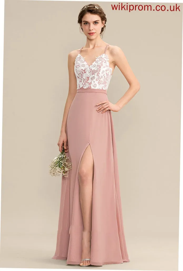 A-Line Fabric Length SplitFront Neckline V-neck Embellishment Silhouette Floor-Length Michelle Bridesmaid Dresses