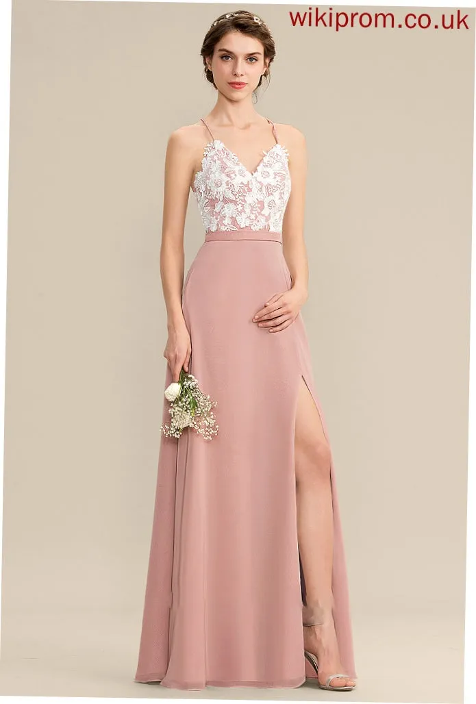A-Line Fabric Length SplitFront Neckline V-neck Embellishment Silhouette Floor-Length Michelle Bridesmaid Dresses