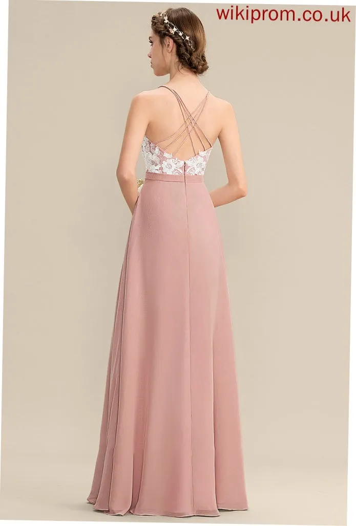 A-Line Fabric Length SplitFront Neckline V-neck Embellishment Silhouette Floor-Length Michelle Bridesmaid Dresses