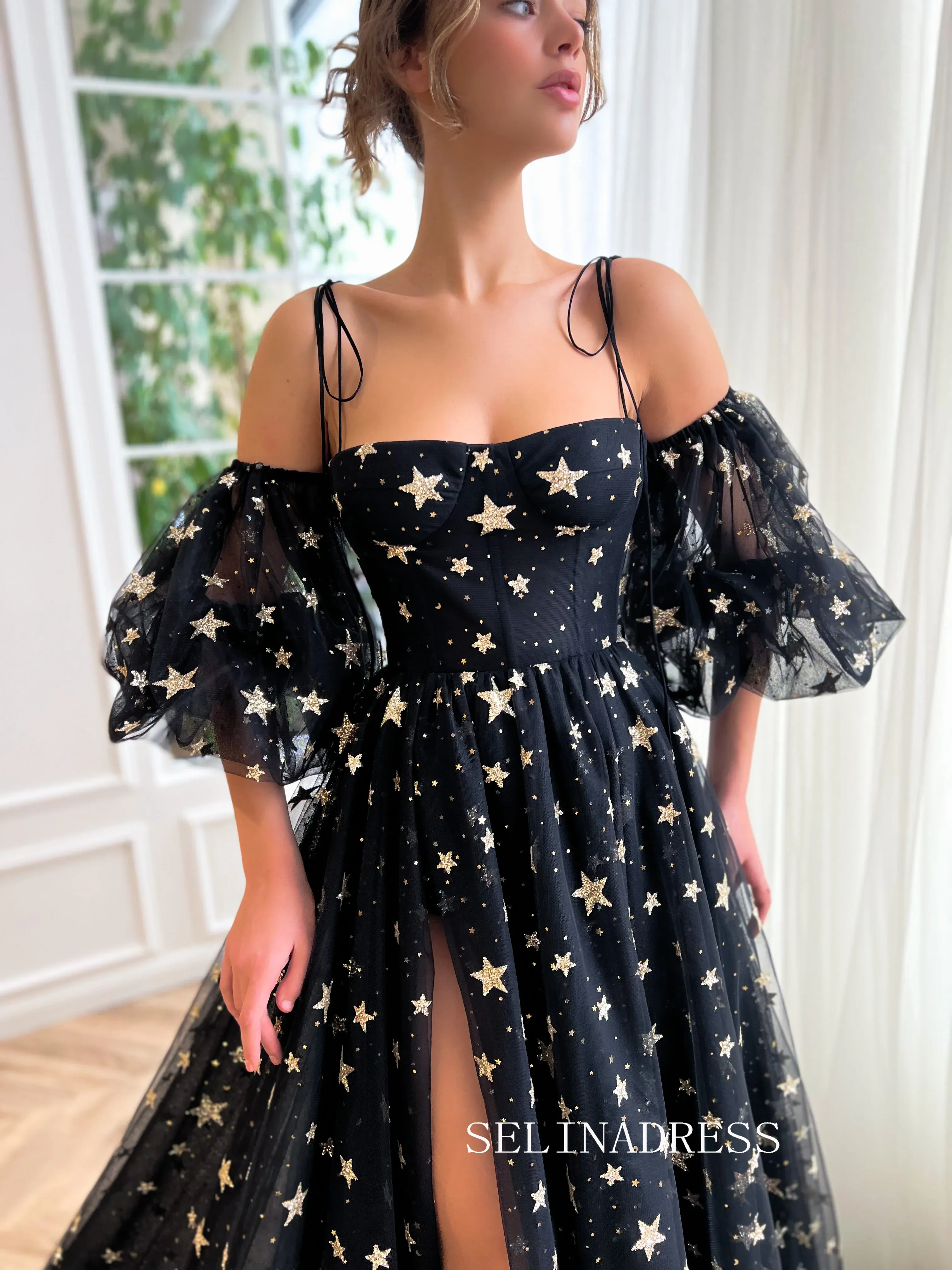 A-line Spaghetti Straps Black Long Prom Dress Celestial Crystalline Gown Formal Dress Evening Dress JKSS39