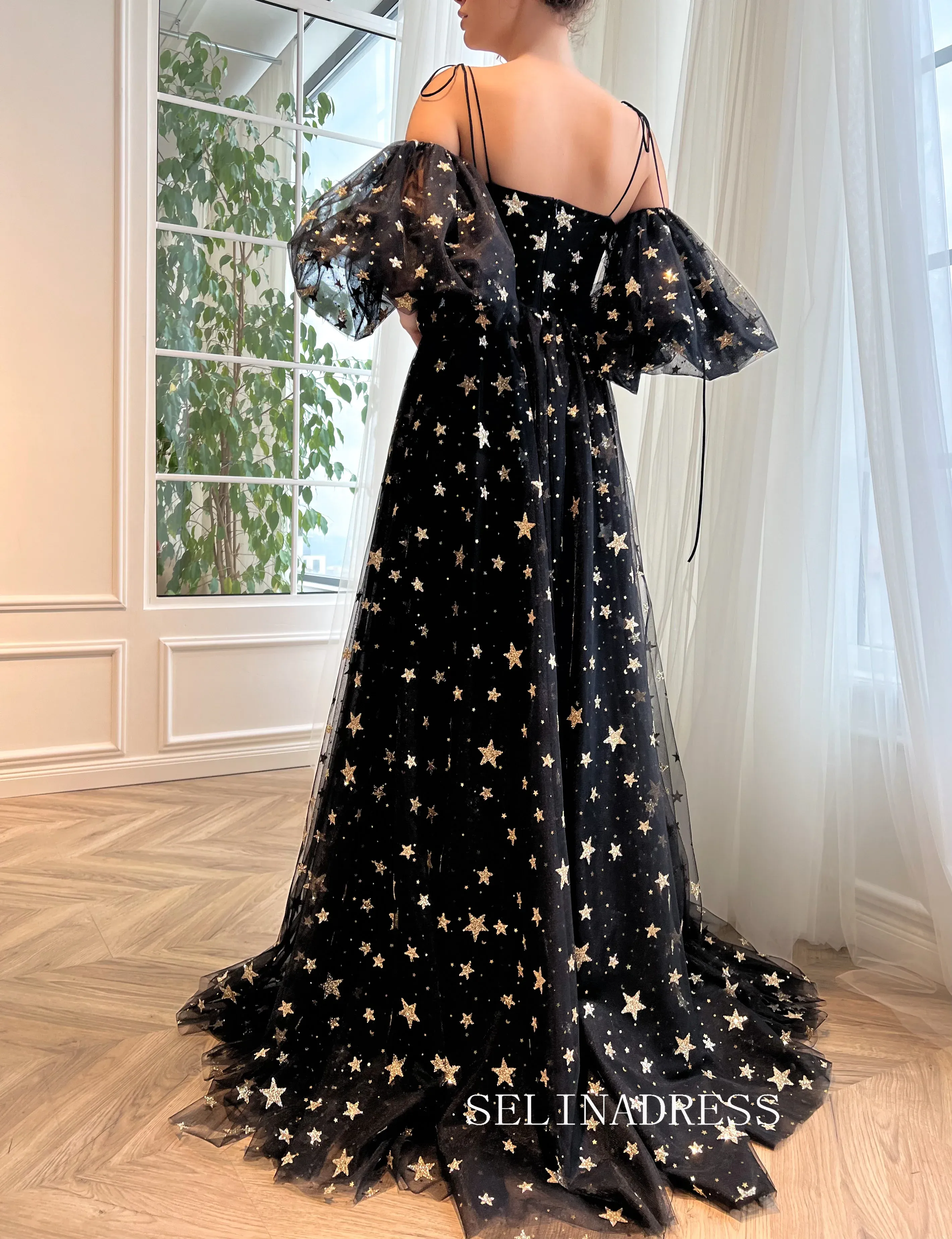 A-line Spaghetti Straps Black Long Prom Dress Celestial Crystalline Gown Formal Dress Evening Dress JKSS39