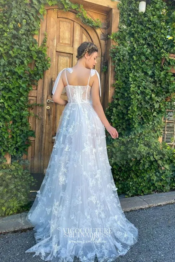 A-line Straps White Long Prom Dress Beautiful Butterfly Formal Dresses Evening Dress KPY066