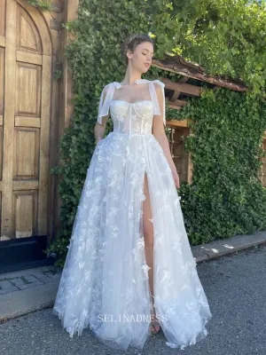 A-line Straps White Long Prom Dress Beautiful Butterfly Formal Dresses Evening Dress KPY066