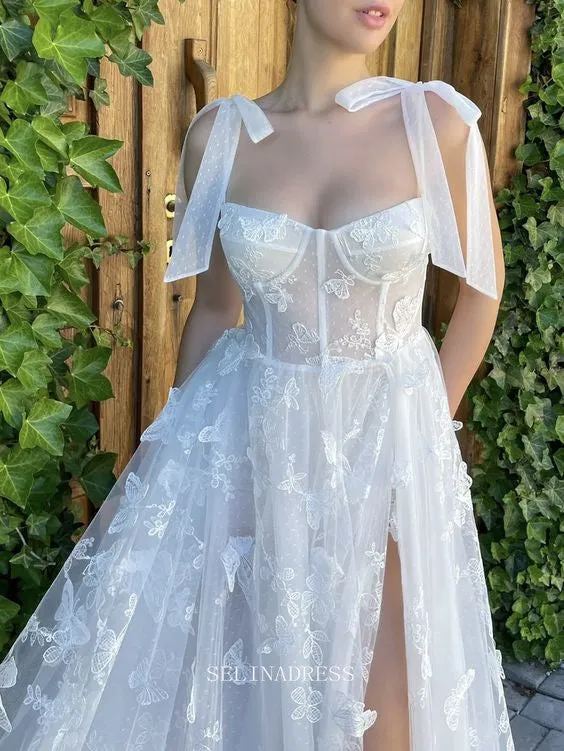 A-line Straps White Long Prom Dress Beautiful Butterfly Formal Dresses Evening Dress KPY066