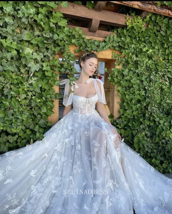 A-line Straps White Long Prom Dress Beautiful Butterfly Formal Dresses Evening Dress KPY066