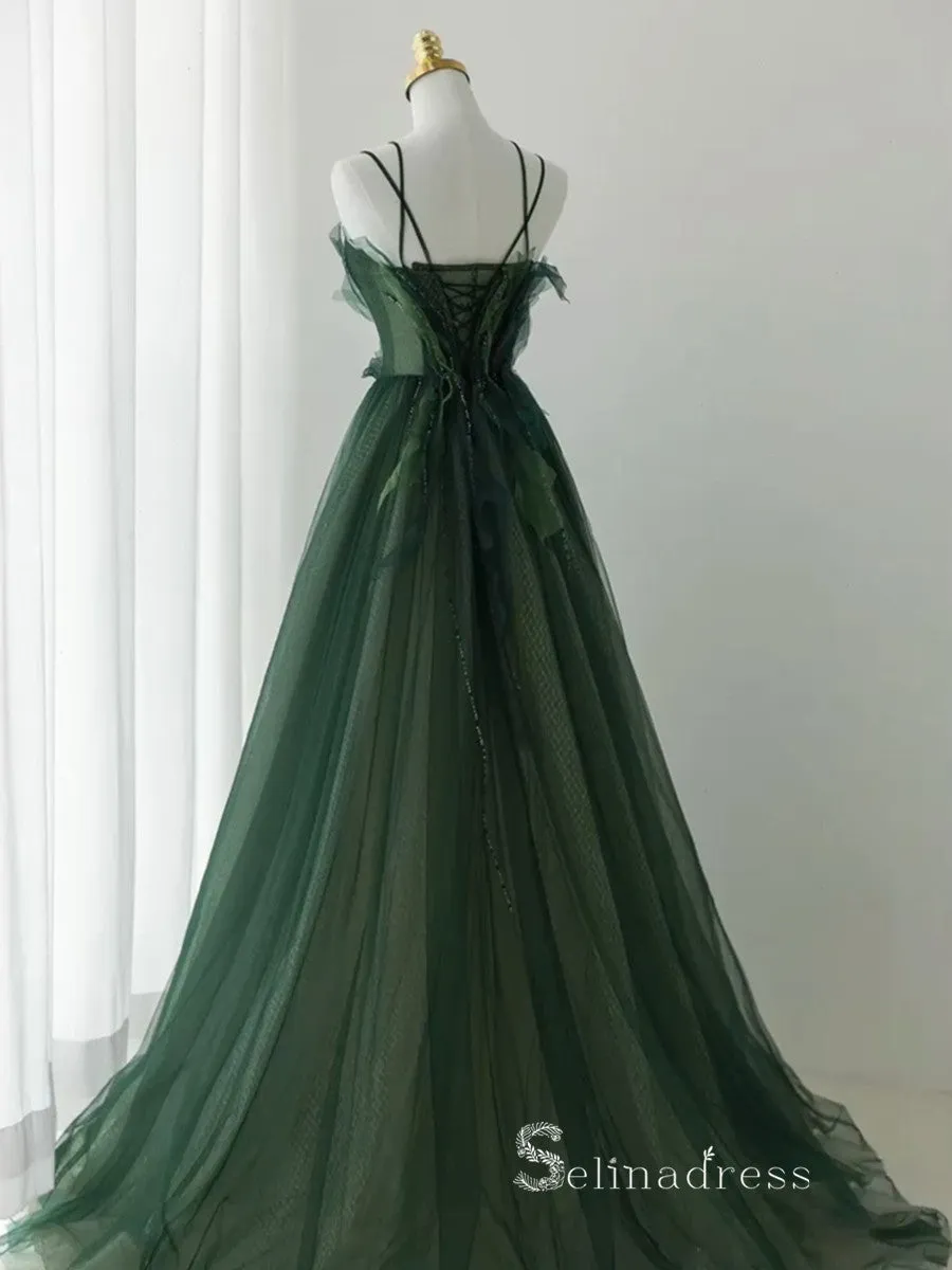 A-line V neck Long Prom Dress Modest Green Beaded Evening Dresses GKF027