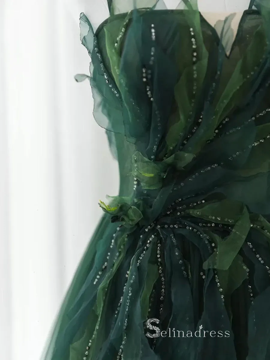 A-line V neck Long Prom Dress Modest Green Beaded Evening Dresses GKF027