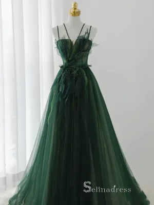 A-line V neck Long Prom Dress Modest Green Beaded Evening Dresses GKF027