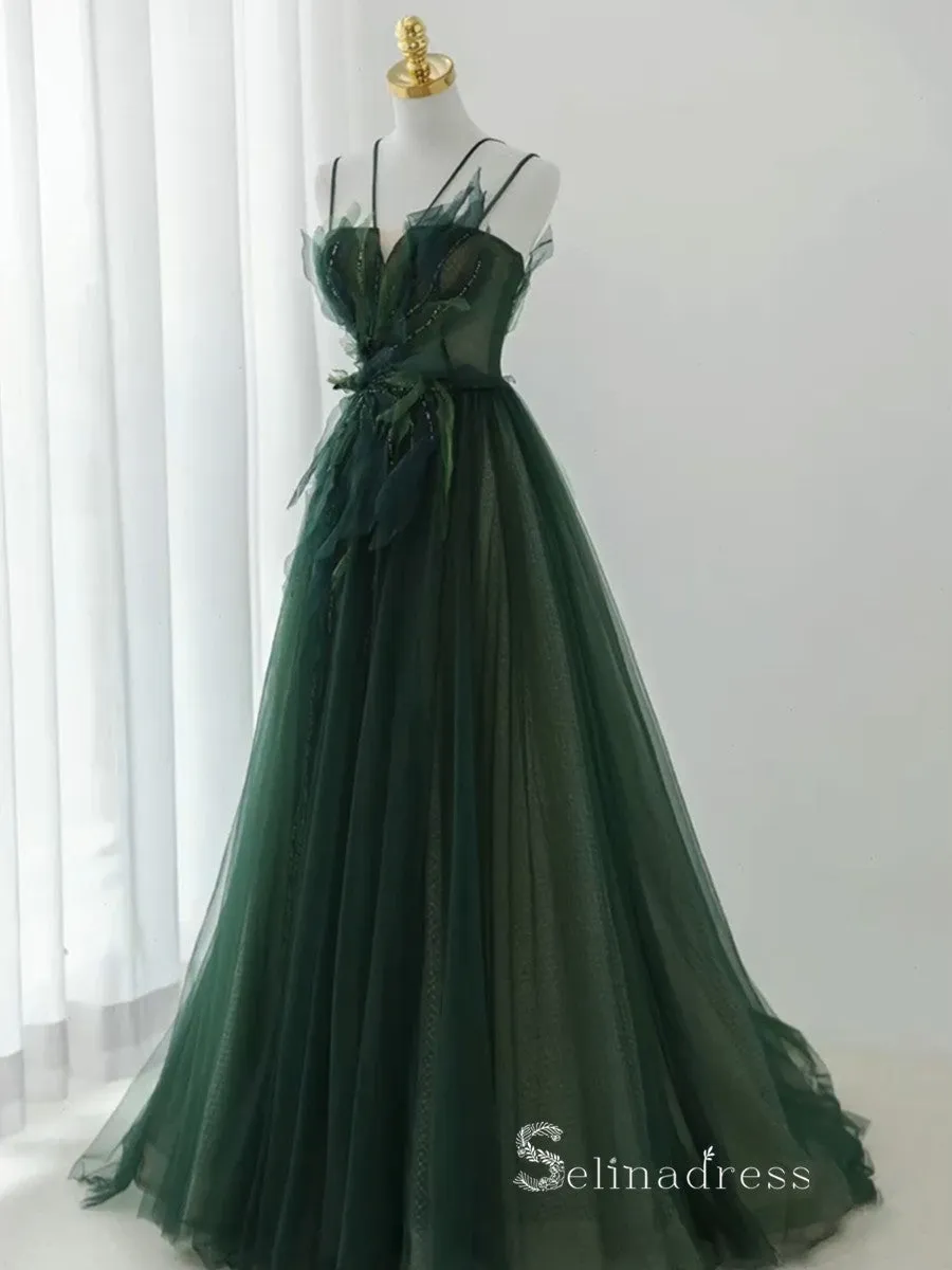 A-line V neck Long Prom Dress Modest Green Beaded Evening Dresses GKF027