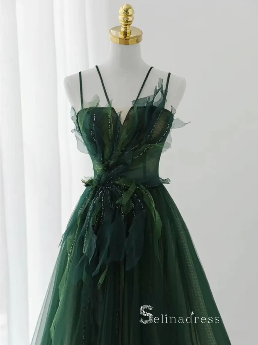 A-line V neck Long Prom Dress Modest Green Beaded Evening Dresses GKF027