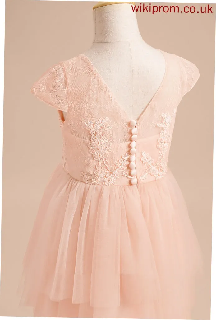 A-Line With Dress Girl - Back Flower Girl Dresses Scoop Tulle Olympia Neck Flower Knee-length Short Sleeves Lace/V
