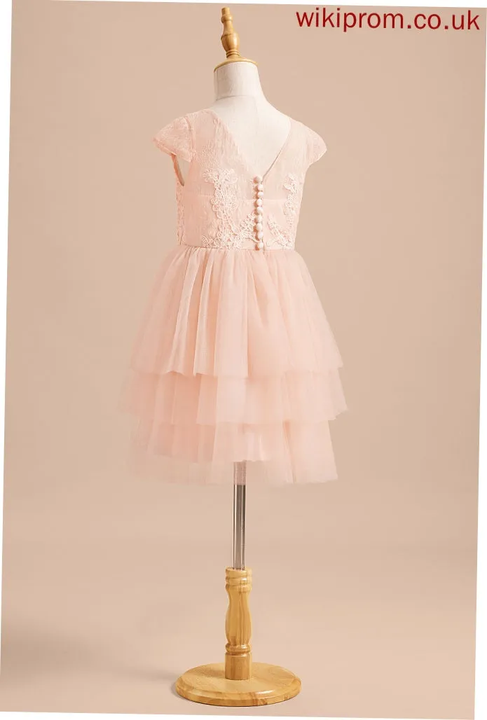 A-Line With Dress Girl - Back Flower Girl Dresses Scoop Tulle Olympia Neck Flower Knee-length Short Sleeves Lace/V