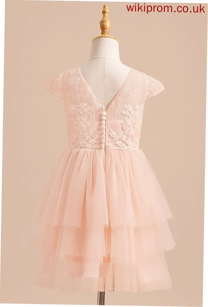 A-Line With Dress Girl - Back Flower Girl Dresses Scoop Tulle Olympia Neck Flower Knee-length Short Sleeves Lace/V