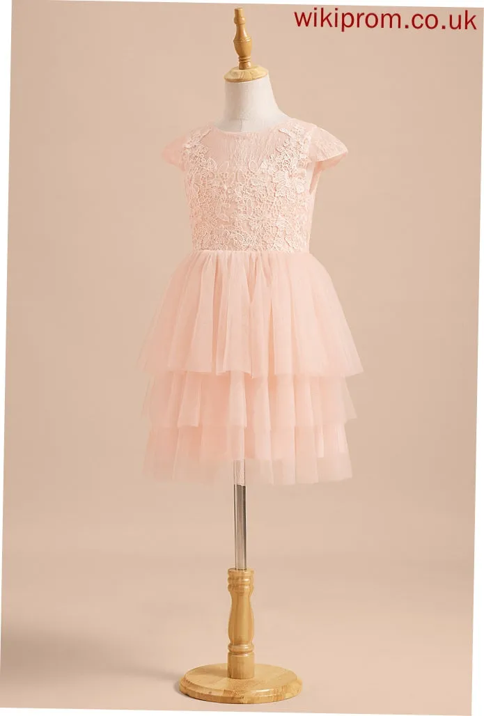 A-Line With Dress Girl - Back Flower Girl Dresses Scoop Tulle Olympia Neck Flower Knee-length Short Sleeves Lace/V