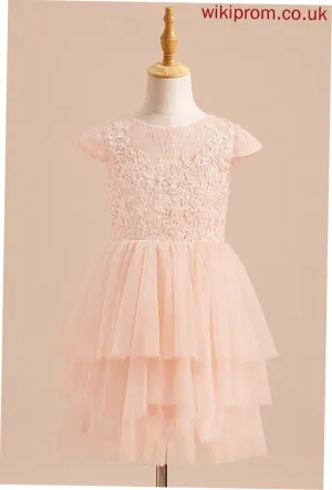 A-Line With Dress Girl - Back Flower Girl Dresses Scoop Tulle Olympia Neck Flower Knee-length Short Sleeves Lace/V