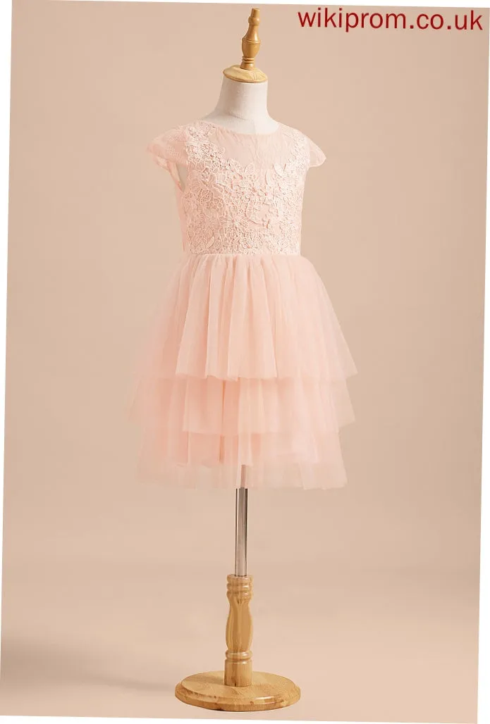A-Line With Dress Girl - Back Flower Girl Dresses Scoop Tulle Olympia Neck Flower Knee-length Short Sleeves Lace/V