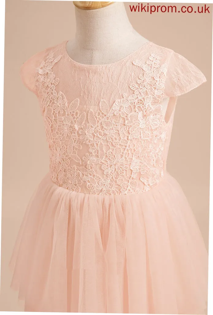 A-Line With Dress Girl - Back Flower Girl Dresses Scoop Tulle Olympia Neck Flower Knee-length Short Sleeves Lace/V