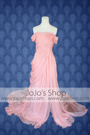 Anna Celebrity Red Carpet Side Slit Pink Off Shoulder Dress