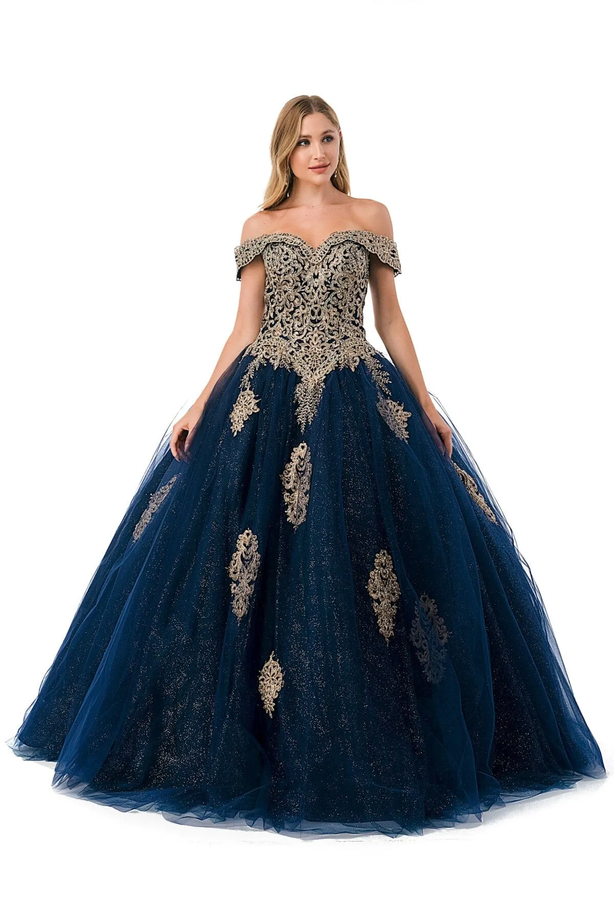 Applique Off Shoulder Glitter Ball Gown by Coya L2779C
