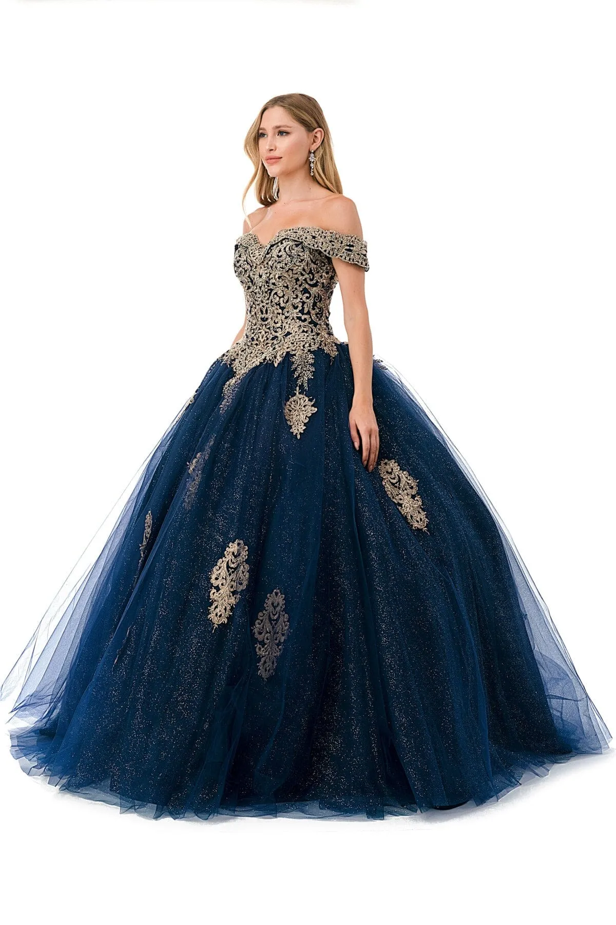 Applique Off Shoulder Glitter Ball Gown by Coya L2779C
