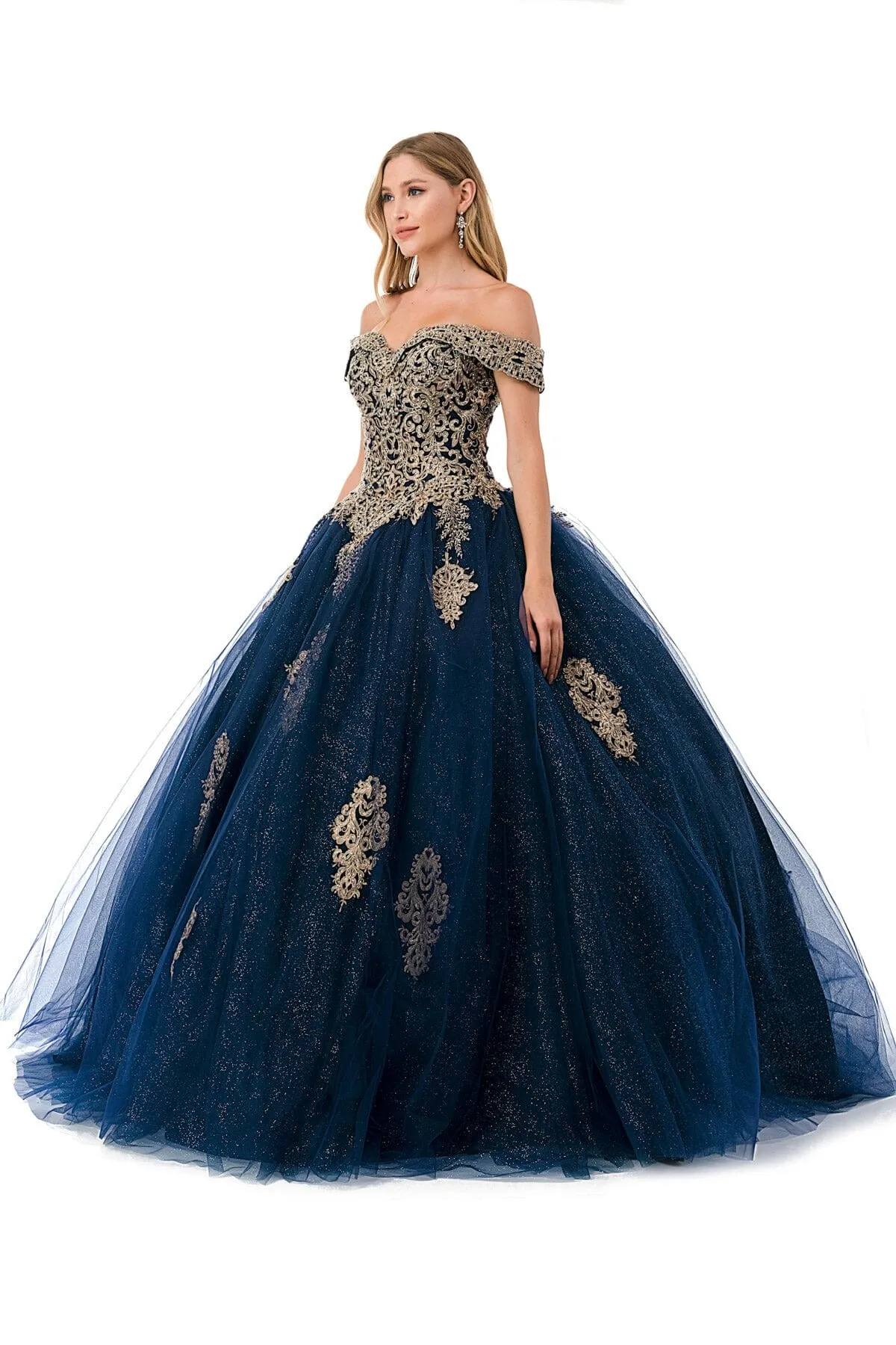Applique Off Shoulder Glitter Ball Gown by Coya L2779C