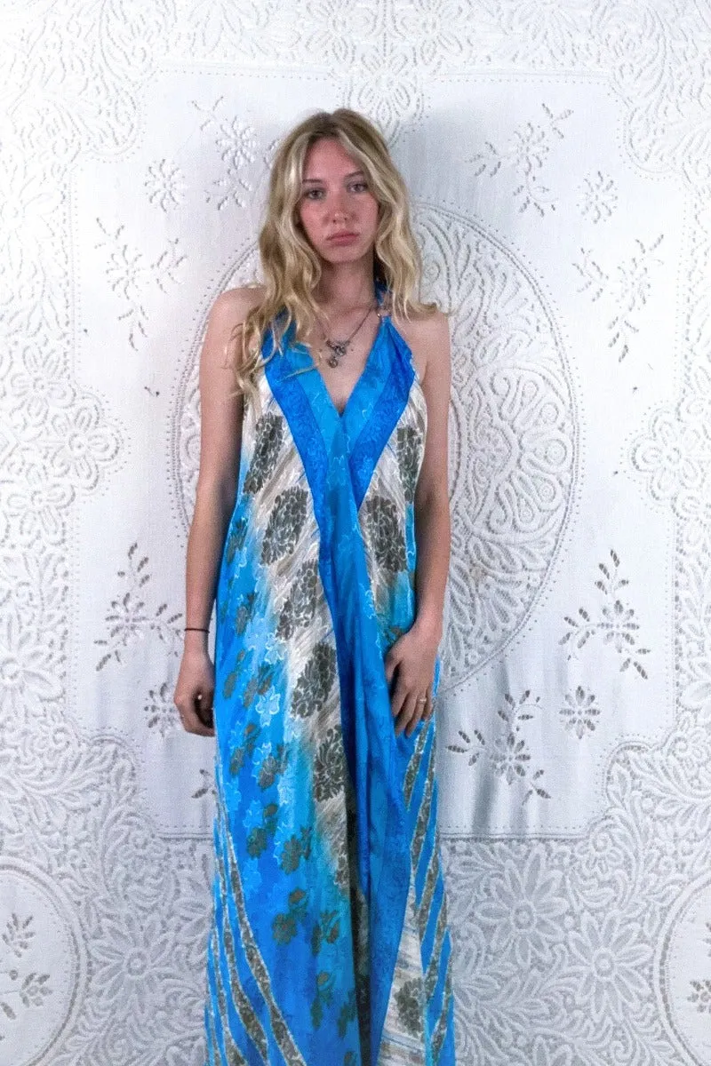 Athena Maxi Dress - Vintage Sari - Oceanic Blue Floral Shimmer - S - M/L