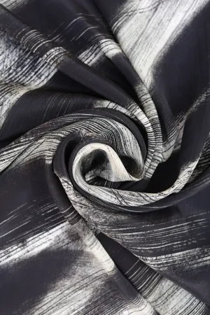 Black and Off White Sketchy Textured Pattern Printed Natural Crepe Silk Fabric