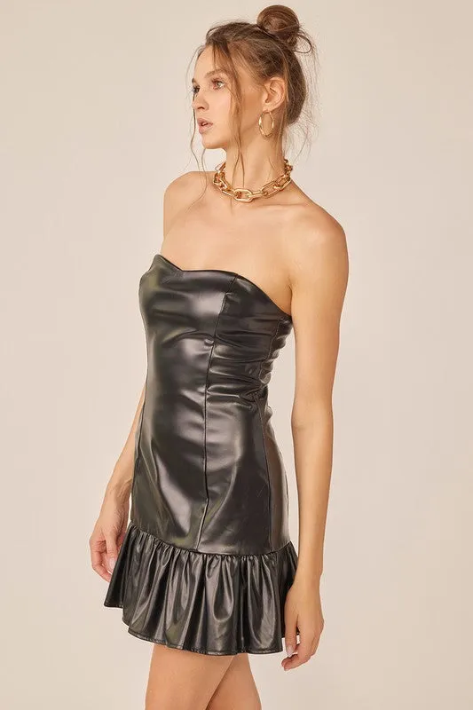 Black Bodycon Pu Mini Dress With Bottom Ruffle Detail
