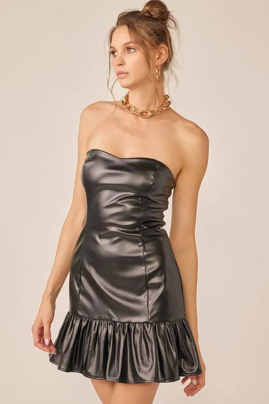 Black Bodycon Pu Mini Dress With Bottom Ruffle Detail