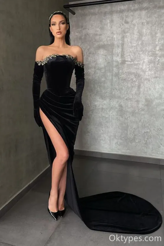 Black High-split Velvet Off-the-shoulder Mermaid Prom Dress With Emblishment,PDS0318