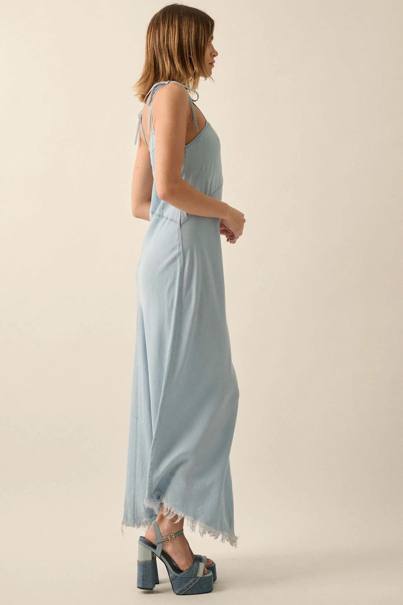 Blue Crush Frayed-Hem Denim Maxi Dress