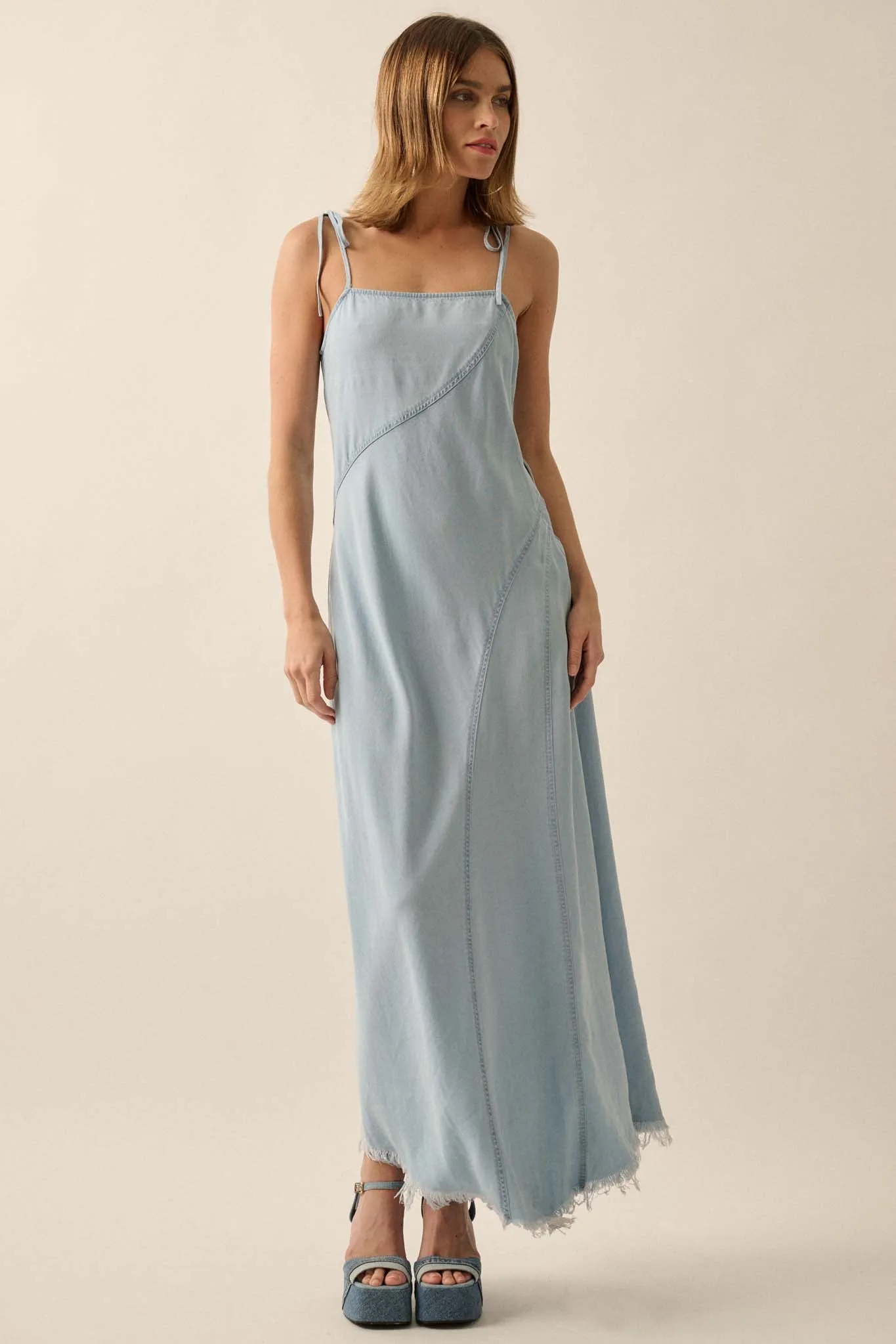 Blue Crush Frayed-Hem Denim Maxi Dress