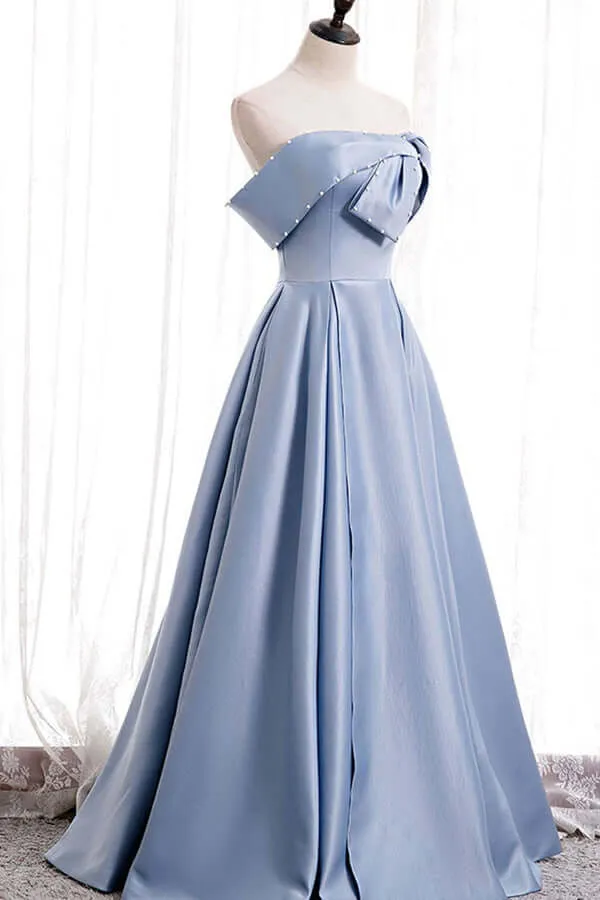 Blue Satin A-line Off-the-Shoulder Beaded Prom Dresses, Evening Gown, SP774