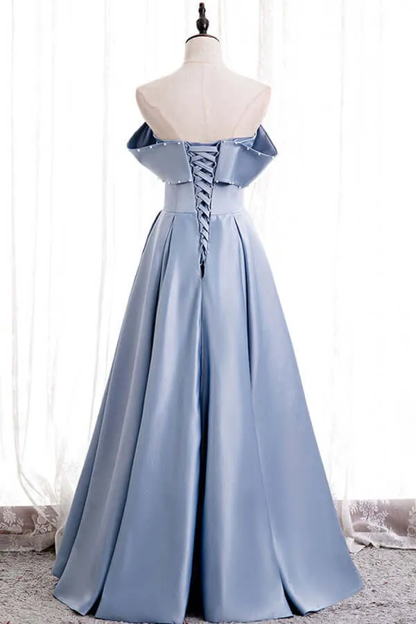 Blue Satin A-line Off-the-Shoulder Beaded Prom Dresses, Evening Gown, SP774