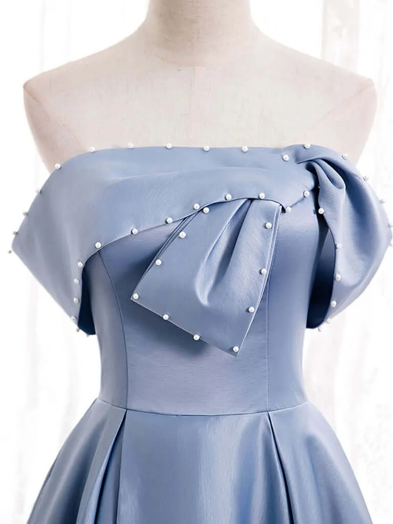 Blue Satin A-line Off-the-Shoulder Beaded Prom Dresses, Evening Gown, SP774
