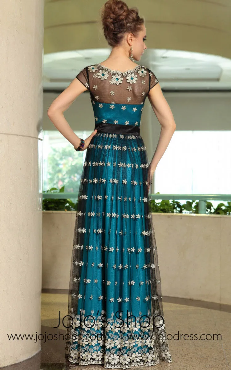 Blue Teal Modest Daisy Cap Sleeves Formalprom Evening Cocktail Dress DQ830899