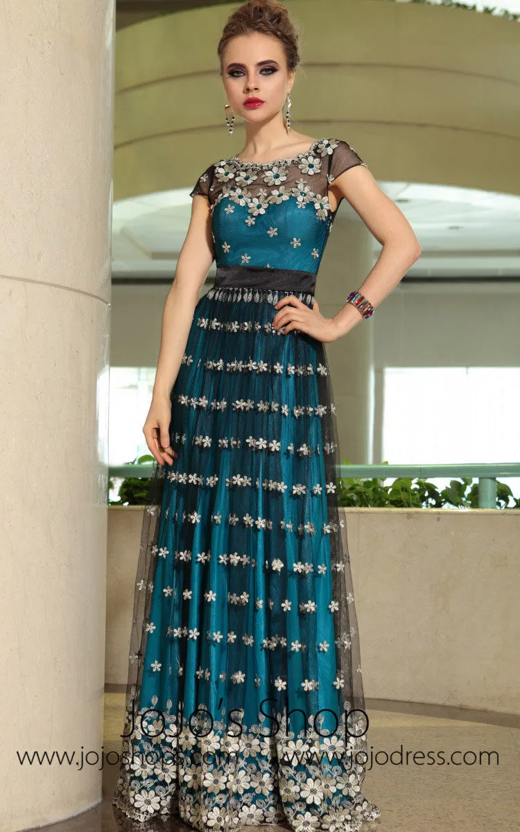 Blue Teal Modest Daisy Cap Sleeves Formalprom Evening Cocktail Dress DQ830899