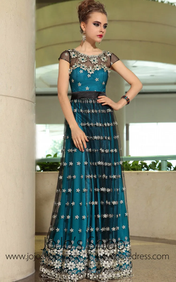 Blue Teal Modest Daisy Cap Sleeves Formalprom Evening Cocktail Dress DQ830899