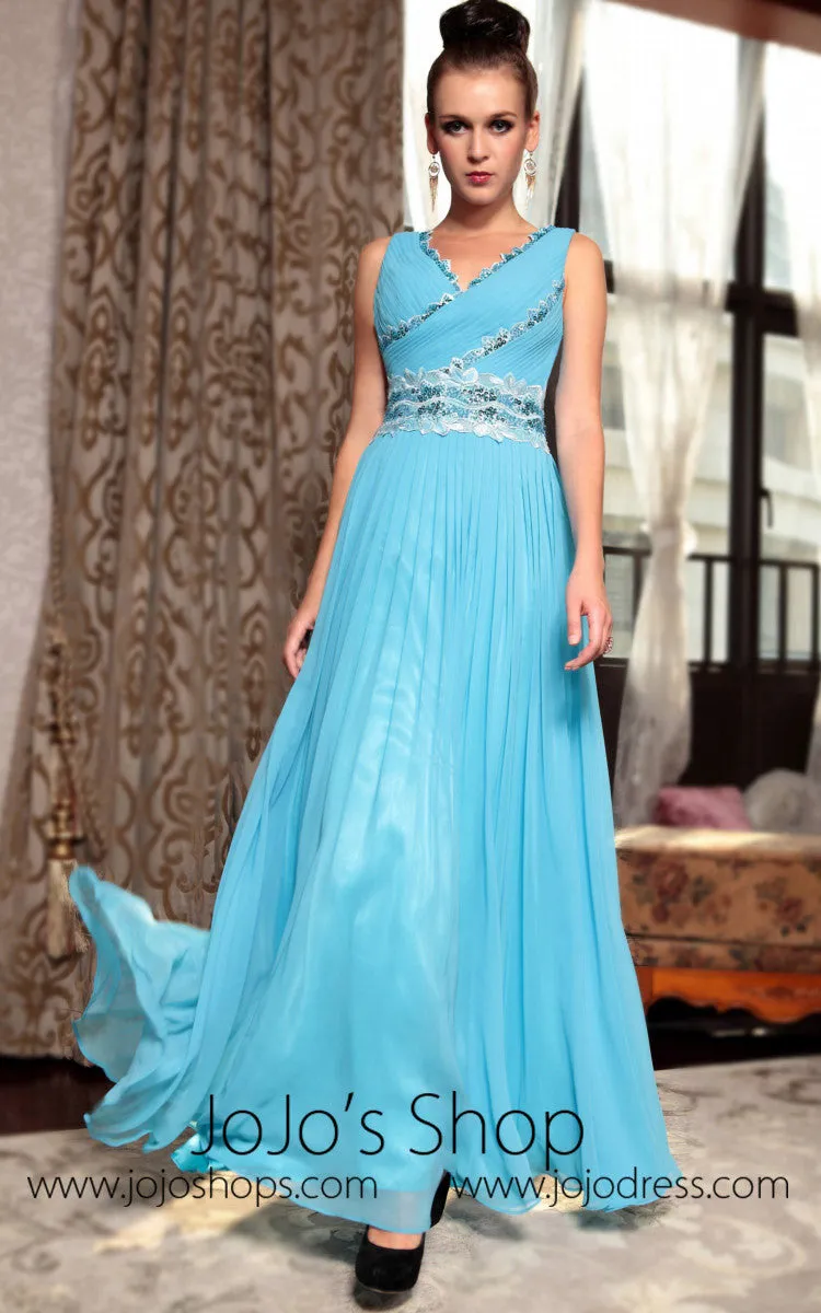 Blue V Neck Prom Formal Chiffon Evening Dress