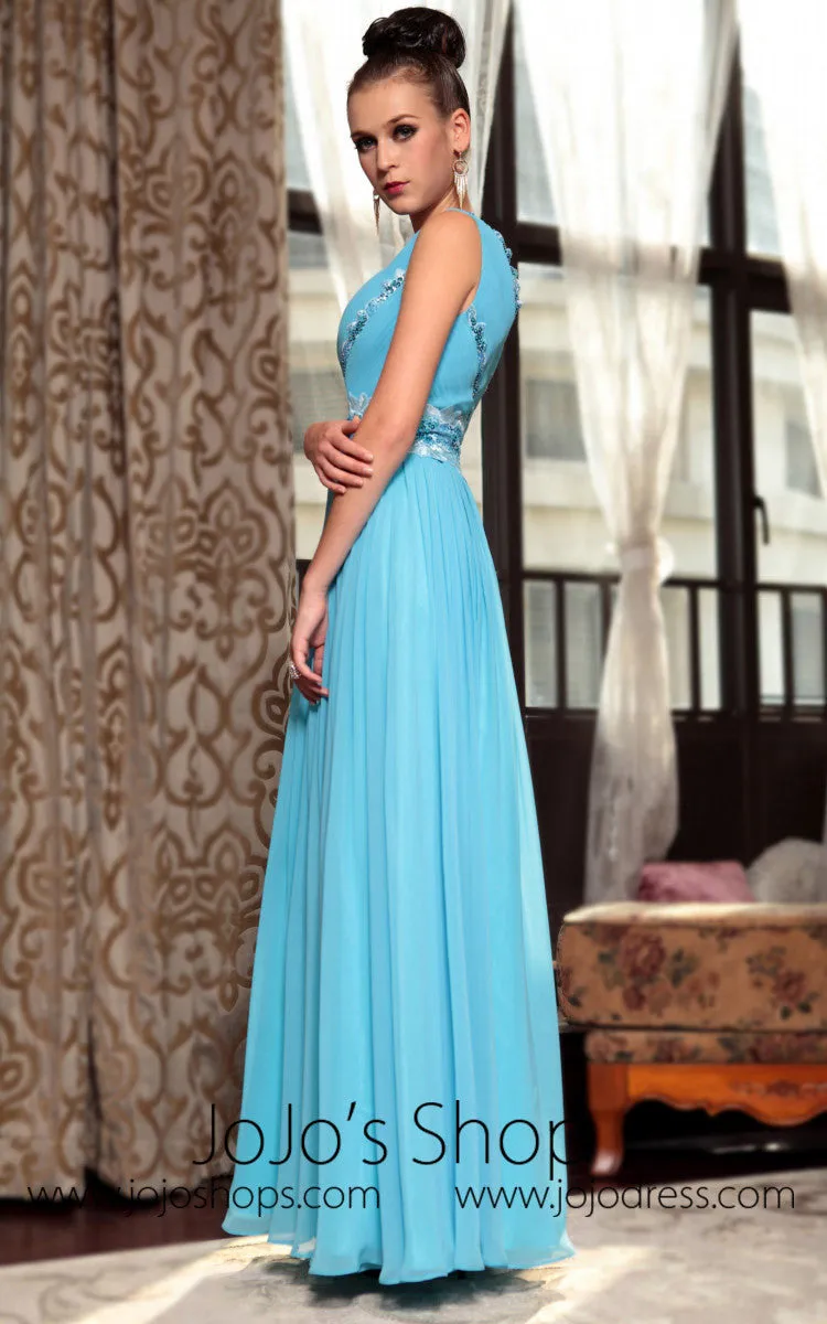Blue V Neck Prom Formal Chiffon Evening Dress