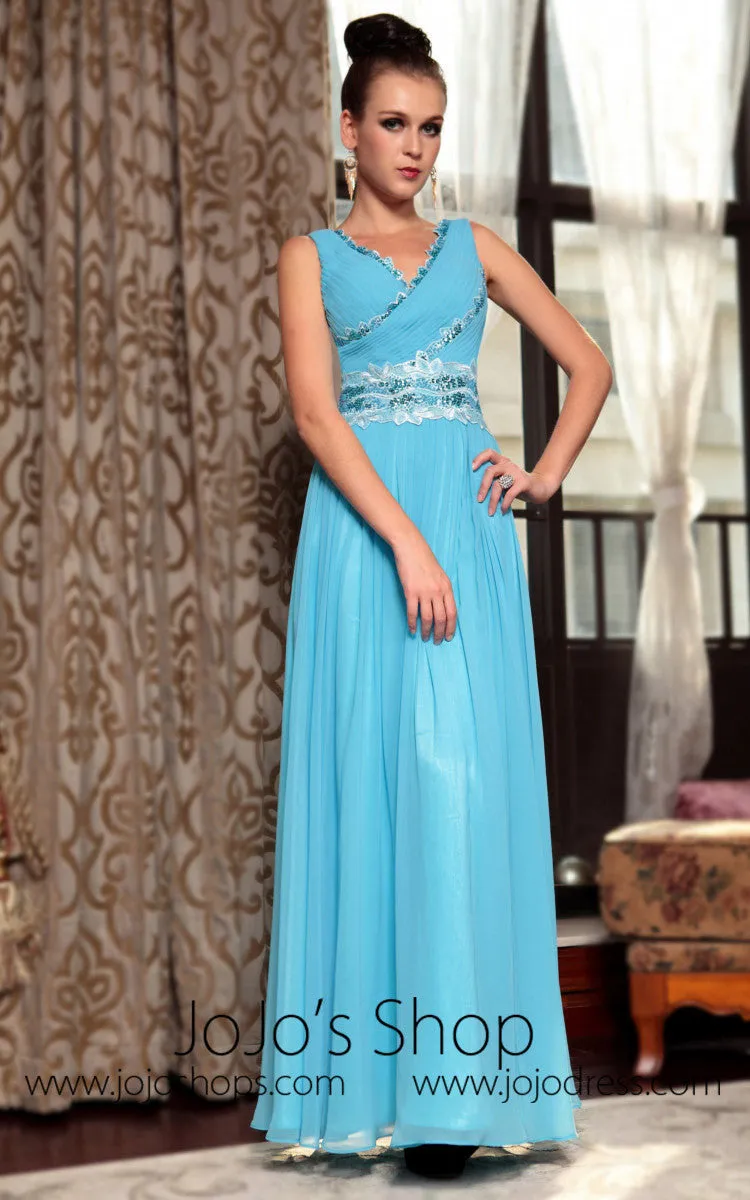 Blue V Neck Prom Formal Chiffon Evening Dress
