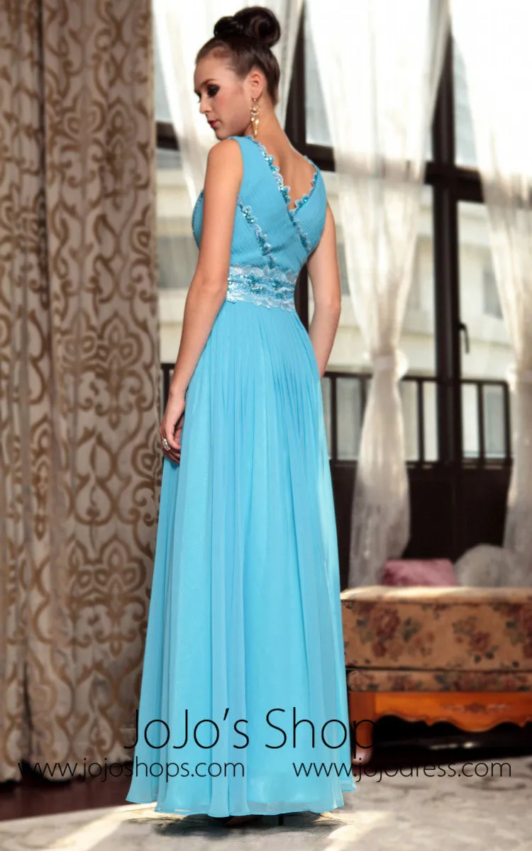 Blue V Neck Prom Formal Chiffon Evening Dress