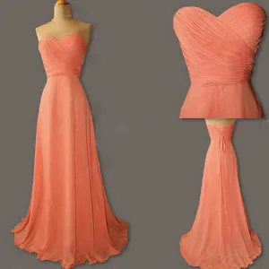 Cheap Junior Young Simple Sweetheart Chiffon Formal Coral Lace Up Back Long  Bridesmaid Dresses, WG186