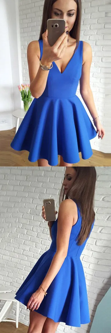 Cute Simple Blue V-neck Cheap Short Prom Dresses Homecoming Dresses, SH394